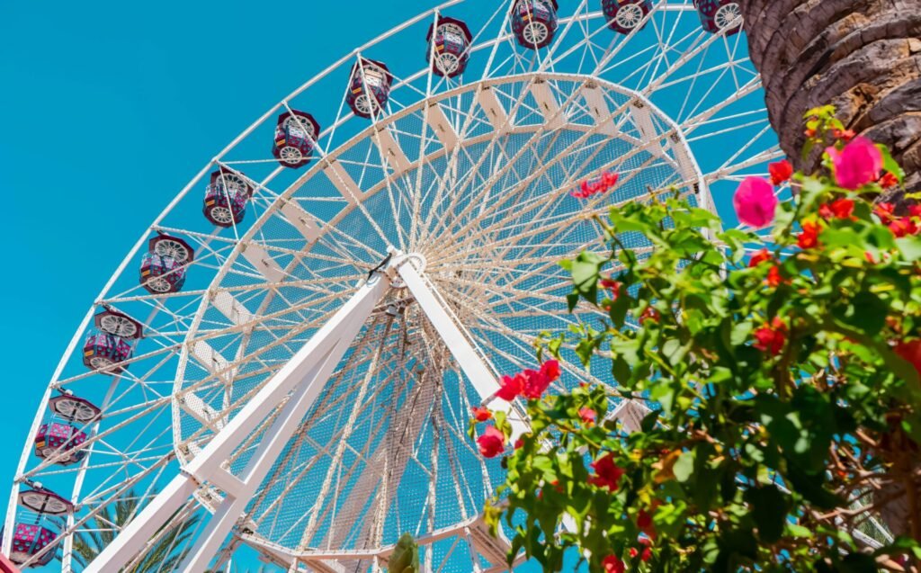A large pictureqsue ferris wheel perfect for supervised visits In Orange County